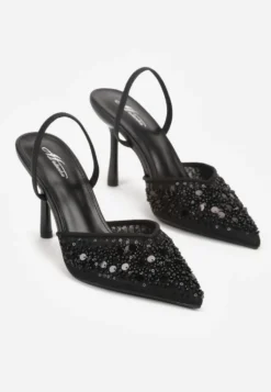 Czarne Szpilki Slingback Zdobione Perełkami i Cekinami Irifera