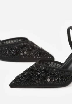 Czarne Szpilki Slingback Zdobione Perełkami i Cekinami Irifera