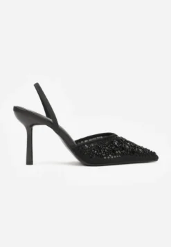 Czarne Szpilki Slingback Zdobione Perełkami i Cekinami Irifera