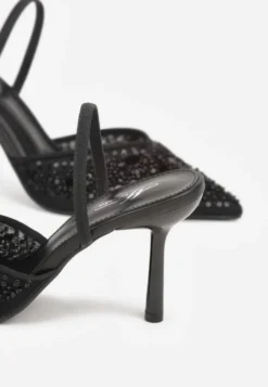Czarne Szpilki Slingback Zdobione Perełkami i Cekinami Irifera
