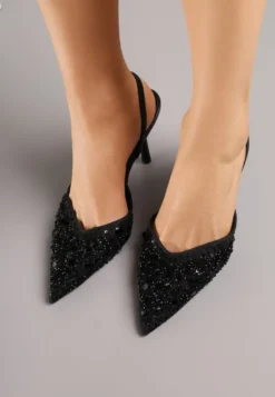 Czarne Szpilki Slingback Zdobione Perełkami i Cekinami Irifera