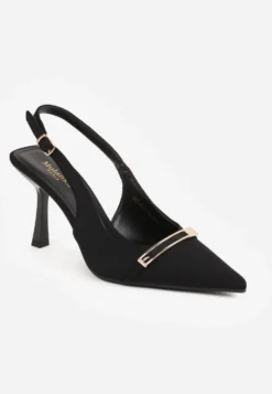 Czarne Szpilki Slingback z Ozdobną Prostokątną Klamerką Vitanis