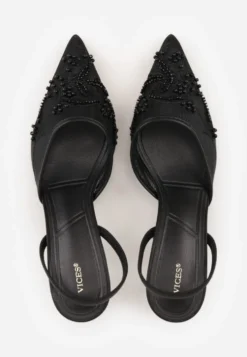 Czarne Szpilki VICES Slingback z Noskami w Szpic Ozdobionymi Haftem i Koralikami Laraidina