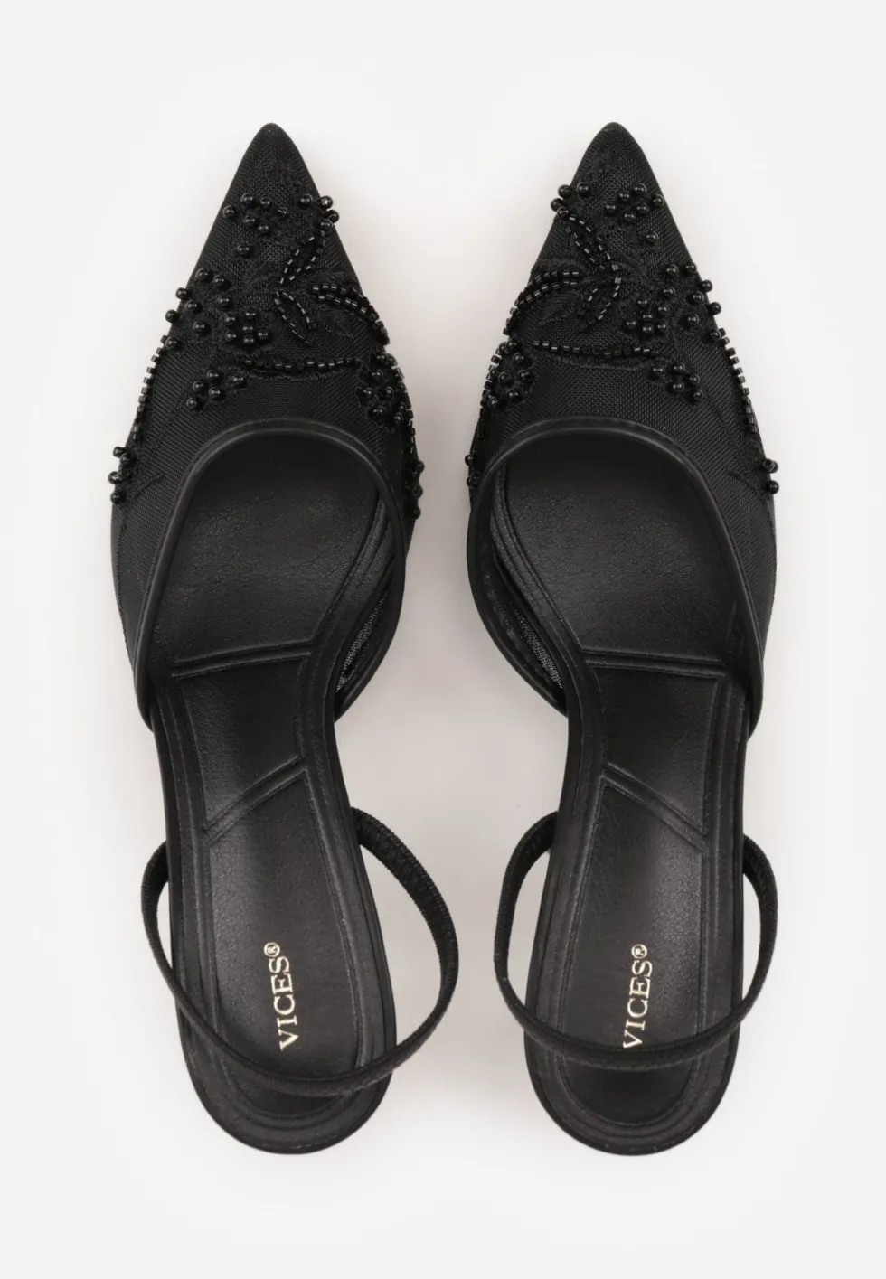Czarne Szpilki VICES Slingback z Noskami w Szpic Ozdobionymi Haftem i Koralikami Laraidina