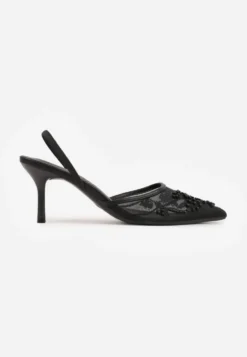 Czarne Szpilki VICES Slingback z Noskami w Szpic Ozdobionymi Haftem i Koralikami Laraidina