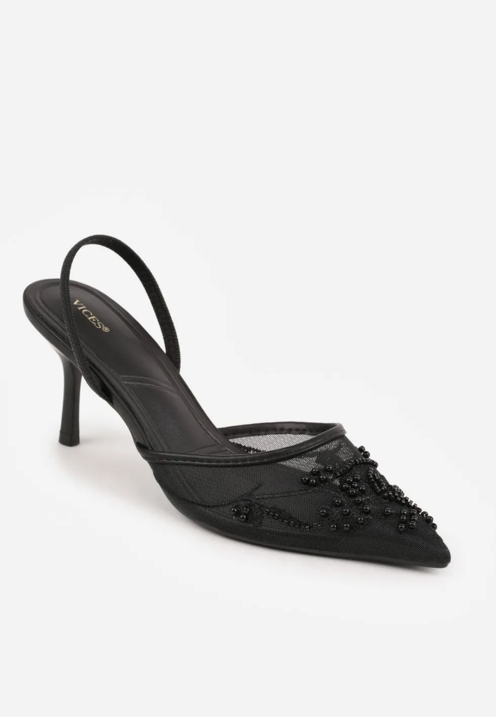 Czarne Szpilki VICES Slingback z Noskami w Szpic Ozdobionymi Haftem i Koralikami Laraidina