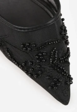 Czarne Szpilki VICES Slingback z Noskami w Szpic Ozdobionymi Haftem i Koralikami Laraidina