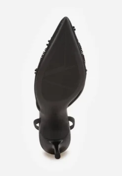 Czarne Szpilki VICES Slingback z Noskami w Szpic Ozdobionymi Haftem i Koralikami Laraidina