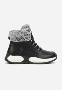 Czarne Trapery Ocieplone i Ozdobione Pluszowym Futerkiem Zenela