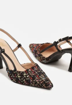 Czarne Tweedowe Szpilki Typu Slingback z Noskiem w Szpic Binea