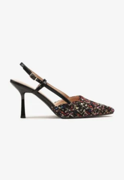 Czarne Tweedowe Szpilki Typu Slingback z Noskiem w Szpic Binea