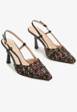 Czarne Tweedowe Szpilki Typu Slingback z Noskiem w Szpic Binea