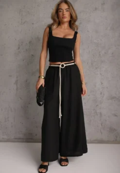 Czarne Wiskozowe Spodnie Typu Palazzo High Waist Ozdobione Paskiem Sznurkiem Alemea