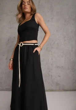 Czarne Wiskozowe Spodnie Typu Palazzo High Waist Ozdobione Paskiem Sznurkiem Alemea