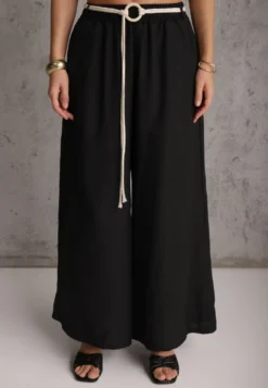 Czarne Wiskozowe Spodnie Typu Palazzo High Waist Ozdobione Paskiem Sznurkiem Alemea