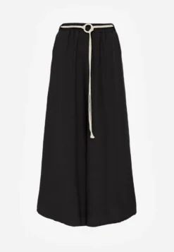 Czarne Wiskozowe Spodnie Typu Palazzo High Waist Ozdobione Paskiem Sznurkiem Alemea