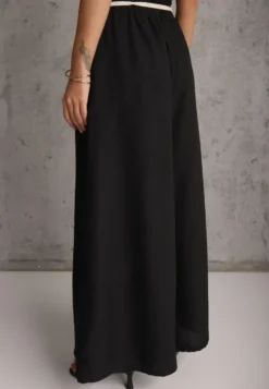 Czarne Wiskozowe Spodnie Typu Palazzo High Waist Ozdobione Paskiem Sznurkiem Alemea