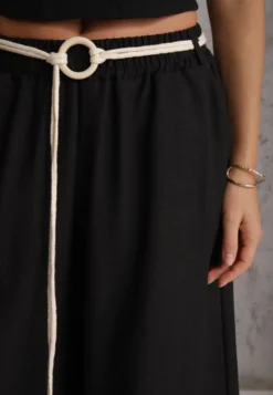 Czarne Wiskozowe Spodnie Typu Palazzo High Waist Ozdobione Paskiem Sznurkiem Alemea