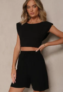 Czarne Wiskozowe Szorty Bermudy High Waist z Lnem Dorotella