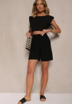Czarne Wiskozowe Szorty Bermudy High Waist z Lnem Dorotella