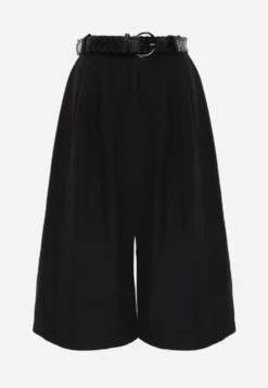 Czarne Wiskozowo-Bawełniane Spodnie Casual Culottes z Paskiem z Klamerką Jumorla