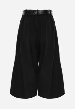 Czarne Wiskozowo-Bawełniane Spodnie Casual Culottes z Paskiem z Klamerką Jumorla