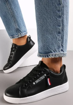 Czarne Wiązane Sneakersy przed Kostkę z Ozdobnym Suwakiem i Naszywką Hypatha