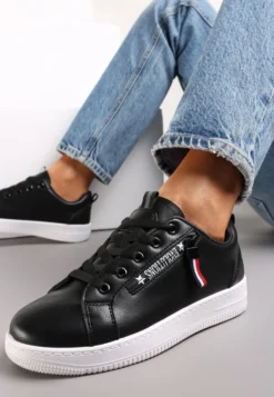 Czarne Wiązane Sneakersy przed Kostkę z Ozdobnym Suwakiem i Naszywką Hypatha