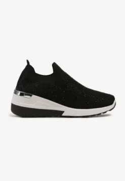 Czarne Wsuwane Sneakersy z Cyrkoniami na Koturnie Tireva