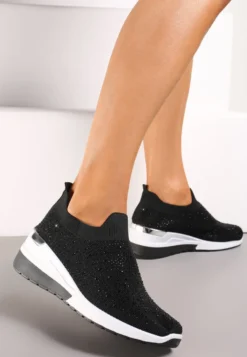 Czarne Wsuwane Sneakersy z Cyrkoniami na Koturnie Tireva