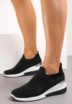 Czarne Wsuwane Sneakersy z Cyrkoniami na Koturnie Tireva