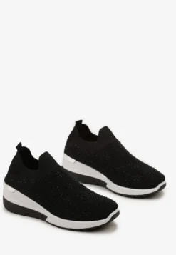 Czarne Wsuwane Sneakersy z Cyrkoniami na Koturnie Tireva
