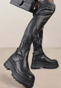 Czarne Wysokie Kozaki Vices w Stylu Chunky z Dopasowaną Cholewką Ceterie