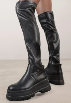 Czarne Wysokie Kozaki Vices w Stylu Chunky z Dopasowaną Cholewką Ceterie