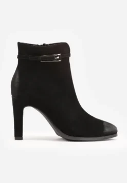Czarne Zamszowe Botki na Szpilce z Klamrą i Efektem Vintage Wash Roelina