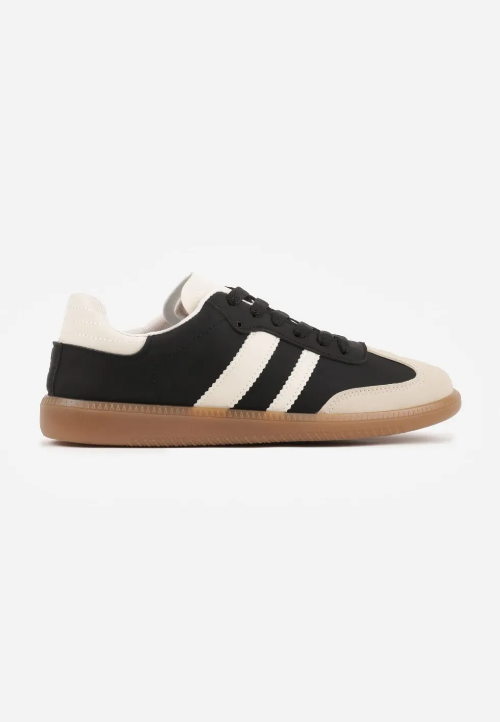 Czarno-Beżowe Casualowe Sneakersy na Płaskiej Podeszwie z Paskami Jereria