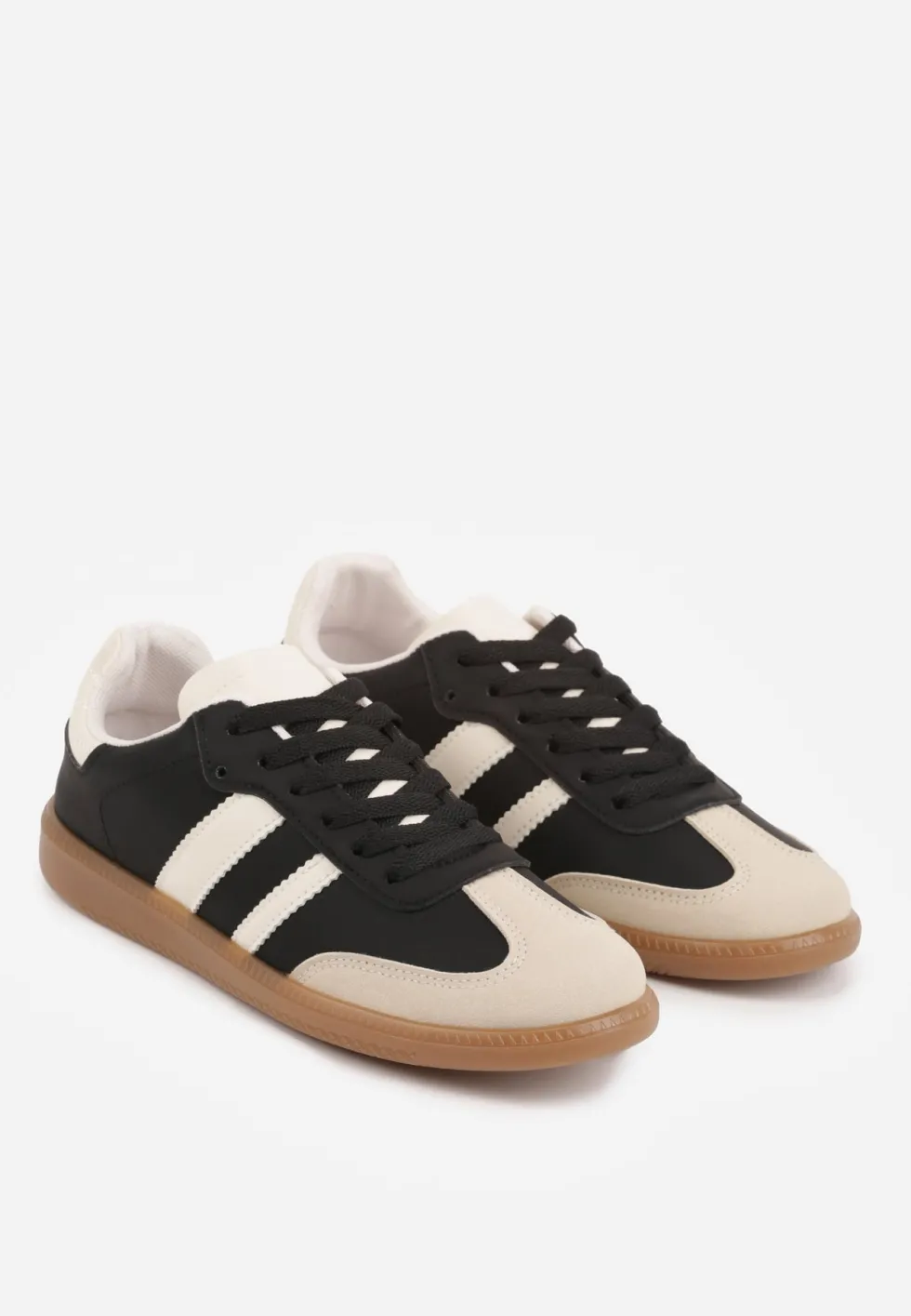 Czarno-Beżowe Casualowe Sneakersy na Płaskiej Podeszwie z Paskami Jereria