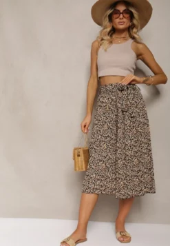 Czarno-Beżowe Plisowane Spodnie Szwedy High Waist z Materiałowym Paskiem i Gumką w Talii Isefia