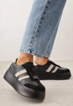 Czarno-Beżowe Sneakersy na Platformie ze Skóry Naturalnej Ozdobione Paskami Sovimi