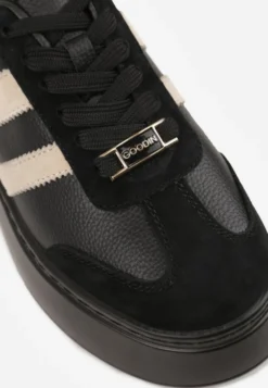 Czarno-Beżowe Sneakersy na Platformie ze Skóry Naturalnej Ozdobione Paskami Sovimi