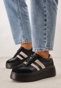 Czarno-Beżowe Sneakersy na Platformie ze Skóry Naturalnej Ozdobione Paskami Sovimi