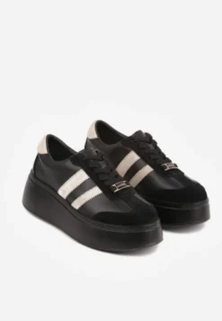 Czarno-Beżowe Sneakersy na Platformie ze Skóry Naturalnej Ozdobione Paskami Sovimi
