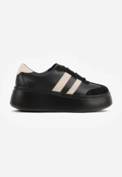 Czarno-Beżowe Sneakersy na Platformie ze Skóry Naturalnej Ozdobione Paskami Sovimi