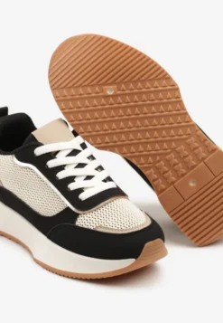 Czarno-Beżowe Sneakersy Ozdobione Geometrycznym Motywem Calgis