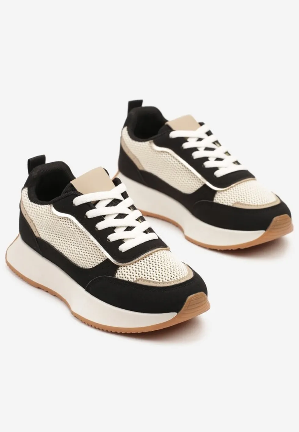 Czarno-Beżowe Sneakersy Ozdobione Geometrycznym Motywem Calgis