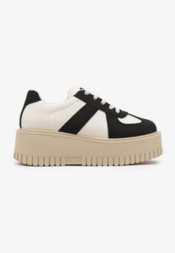 Czarno-Beżowe Sneakersy Typu Tenisówki na Żłobionej Platformie Lorreia