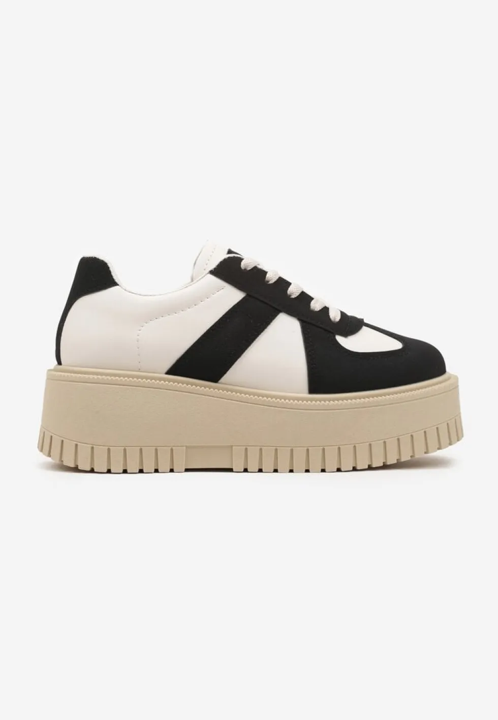 Czarno-Beżowe Sneakersy Typu Tenisówki na Żłobionej Platformie Lorreia