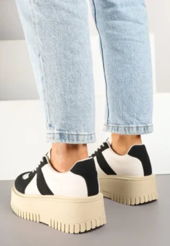 Czarno-Beżowe Sneakersy Typu Tenisówki na Żłobionej Platformie Lorreia