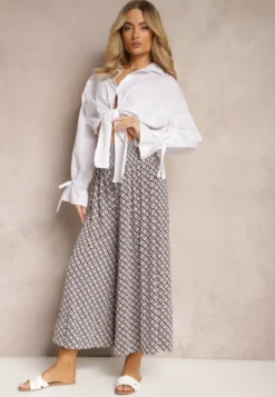 Czarno-Beżowe Spodnie High Waist z Bawełny z Rozszerzanymi Nogawkami i Gumką Nereialla