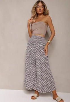 Czarno-Beżowe Spodnie High Waist z Bawełny z Rozszerzanymi Nogawkami i Gumką Nereialla